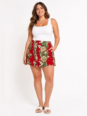 Vintage Made in Hawaii Red Tropical Floral Skort Aloha 2XL